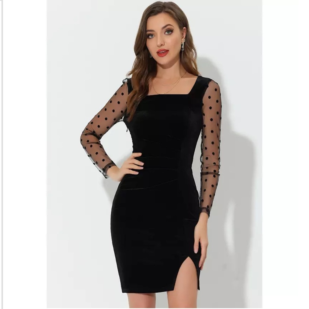 Velvet Square Neck Sheer Sleeve Bodycon Mini